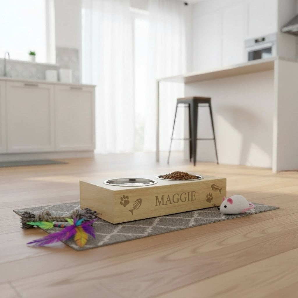 Personalised Bamboo Raised Double Cat Bowl