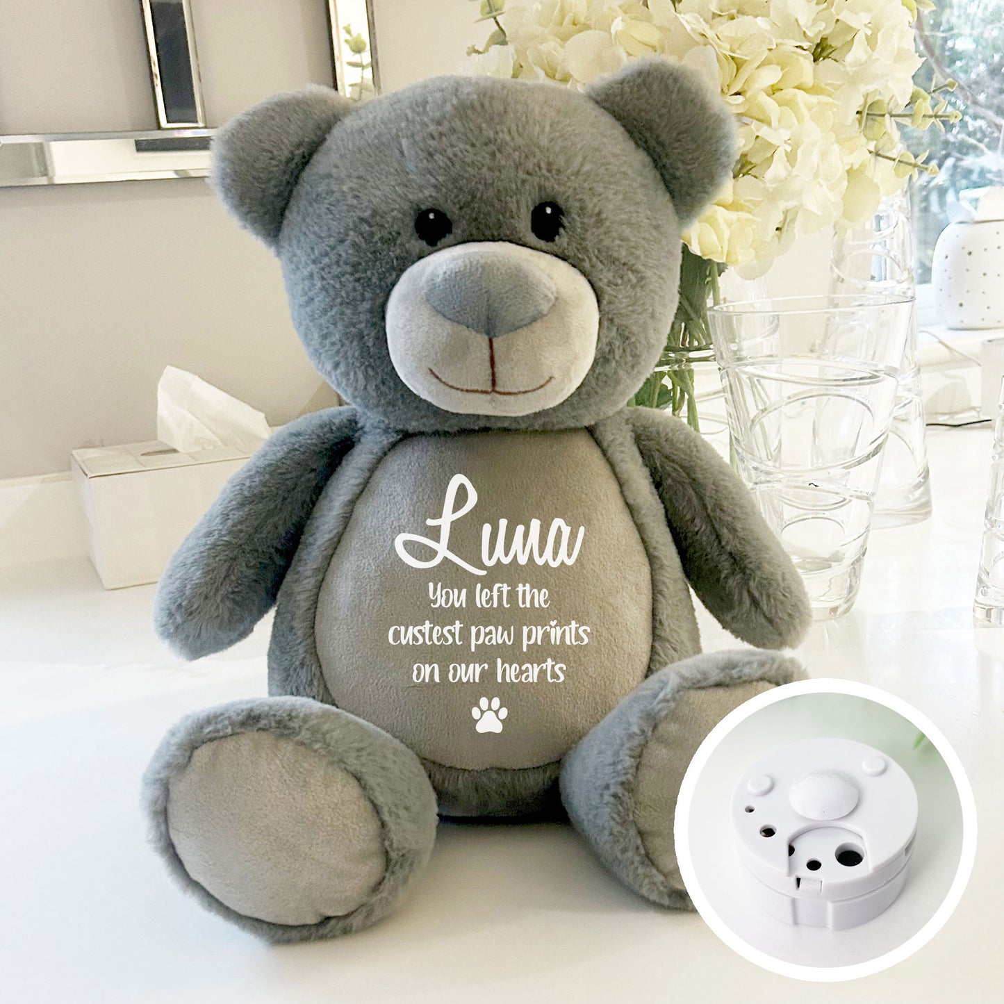Personalised Large Grey Record-A-Woof/Meow/Squeak Keepsake Memory Bear