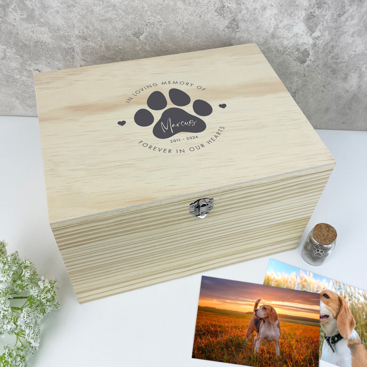Personalised Pine Wooden Pet Name Memorial Memory Box - 3 Sizes (26cm | 30cm | 36cm)
