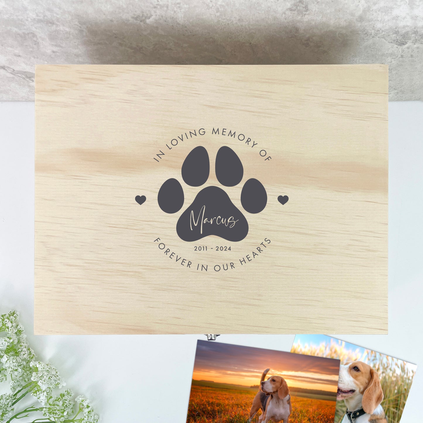 Personalised Pine Wooden Pet Name Memorial Memory Box - 3 Sizes (26cm | 30cm | 36cm)