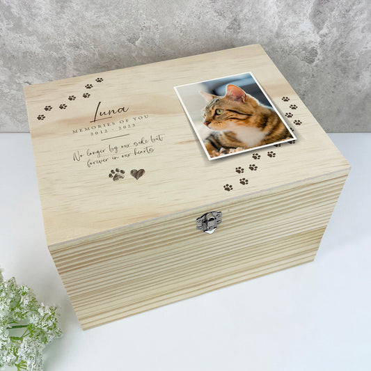 Personalised Paw Prints Pine Wooden Pet Memorial Photo Memory Box - 3 Sizes (26cm | 30cm | 36cm)