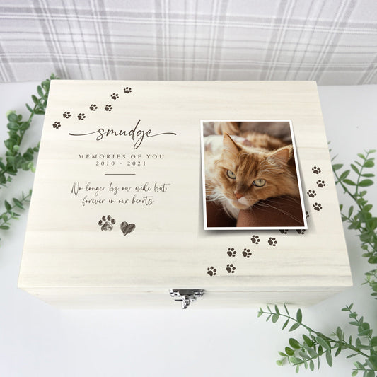 Personalised Paw Prints Large 34cm Luxury Wooden Pet Memorial Photo Memory Box