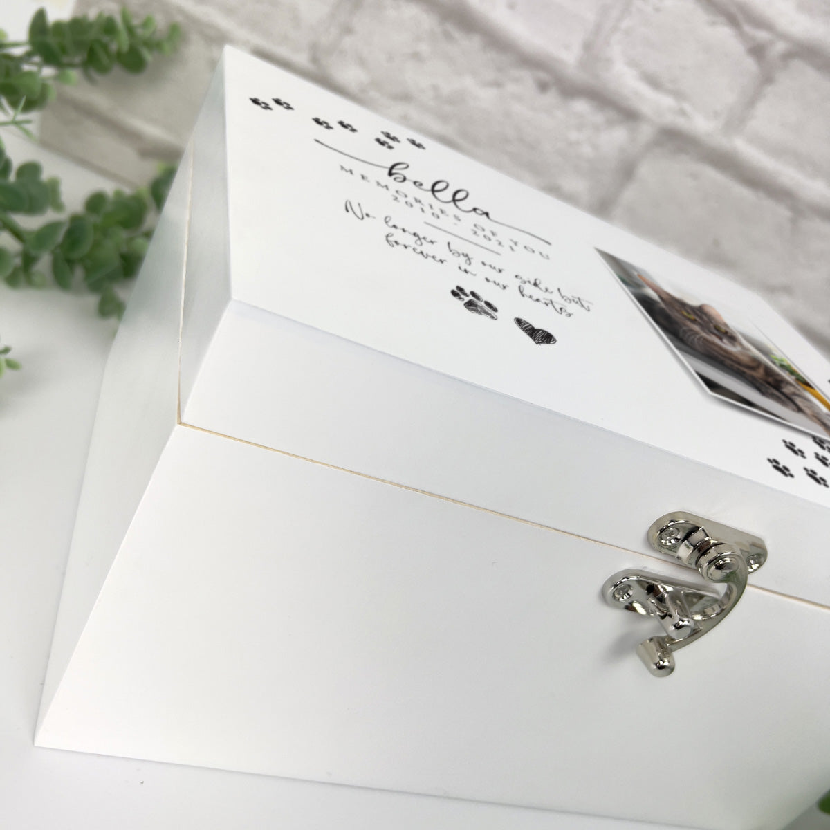 Personalised Paw Prints Pet Memorial White Wooden Photo Memory Box - 3 Sizes (22cm | 27cm | 30cm)