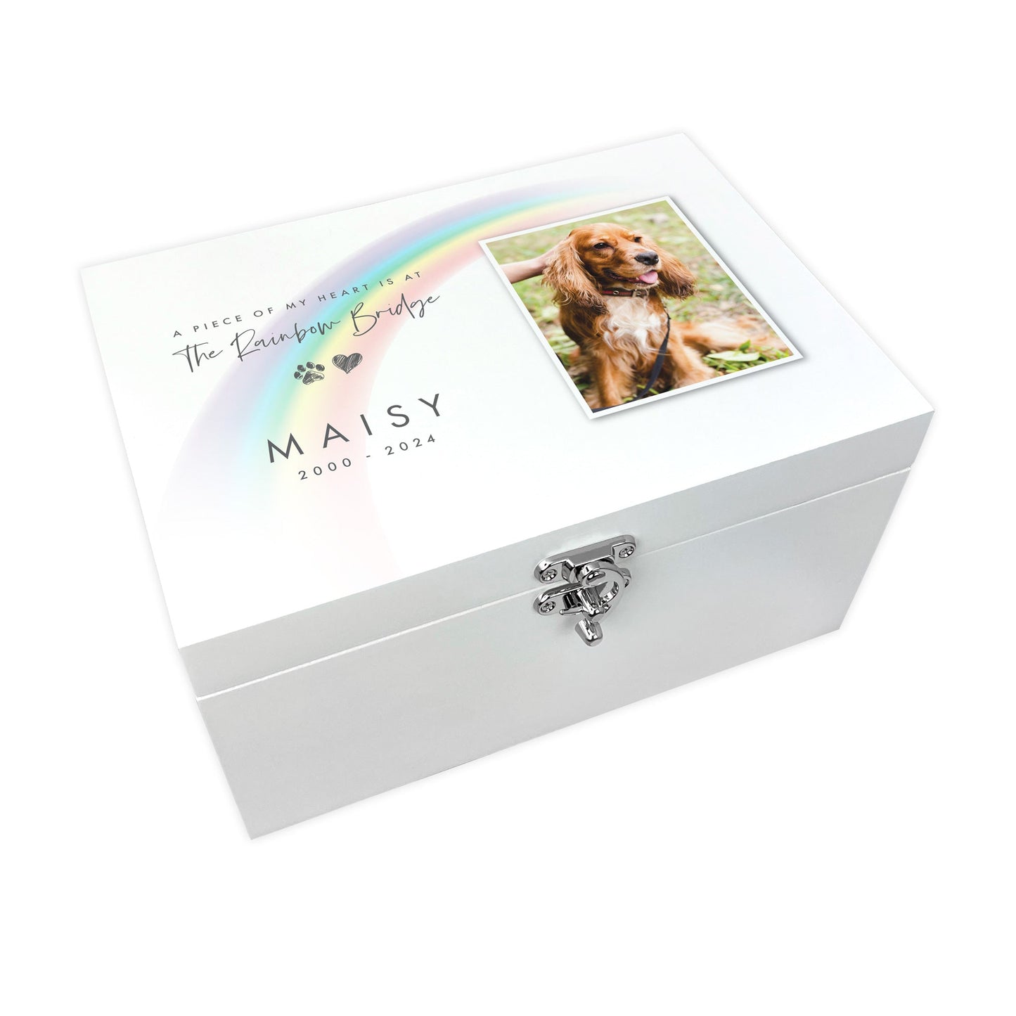 Personalised Rainbow Bridge Pet Photo White Painted Wooden Memorial Keepsake Box - 3 Sizes (22cm | 27cm | 30cm)