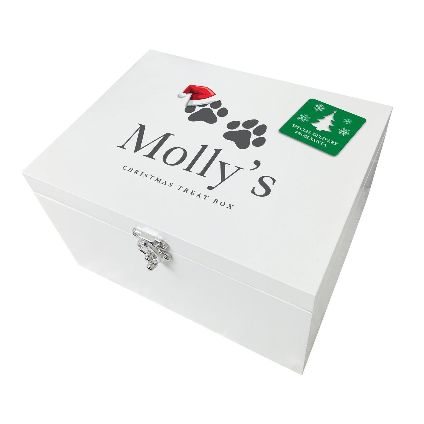 Personalised White Wooden Santa Hat Paws Pet Christmas Eve Box - 3 Sizes (22cm | 27cm | 30cm)