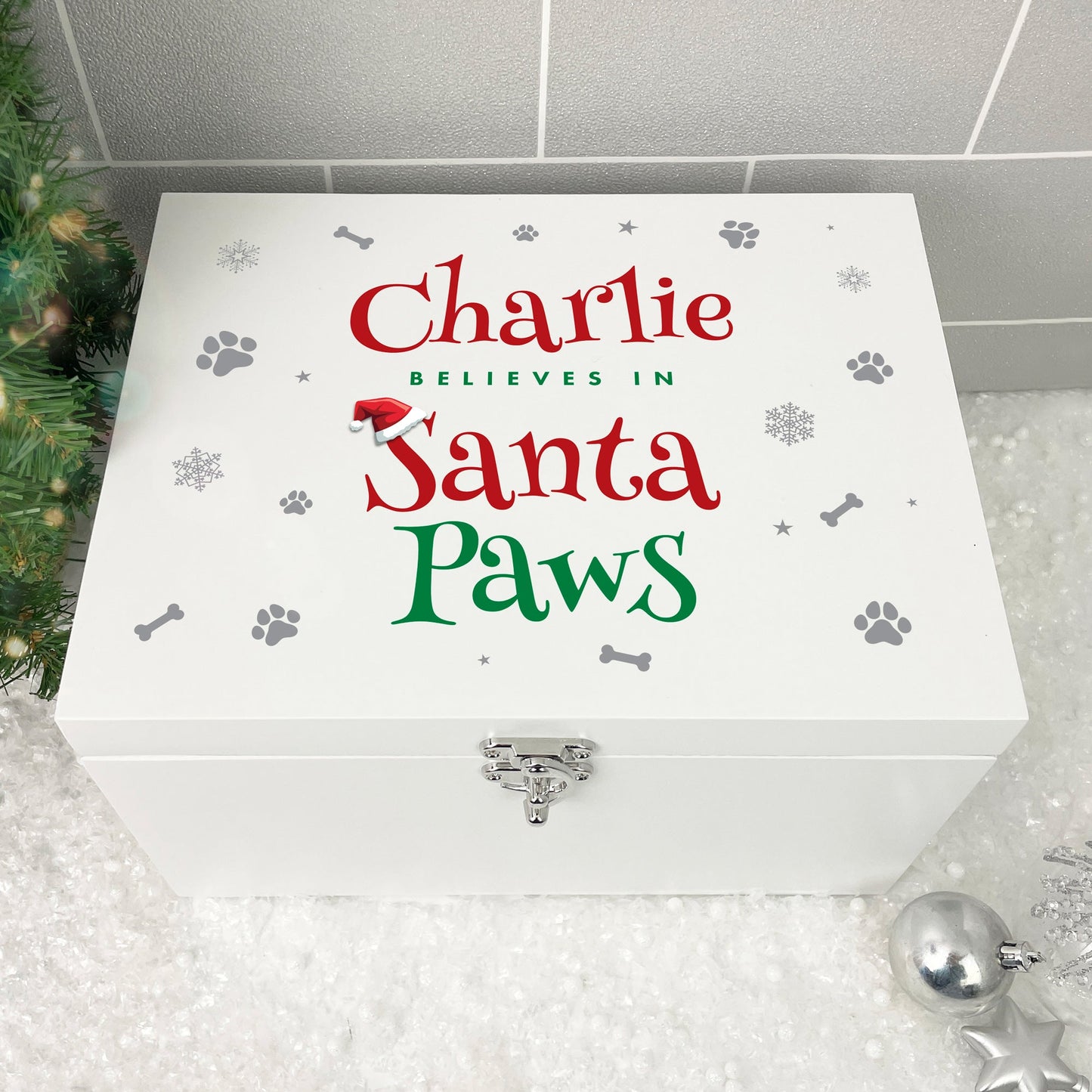 Personalised White Wooden Santa Paws Pet Christmas Eve Box - 3 Sizes (22cm | 27cm | 30cm)