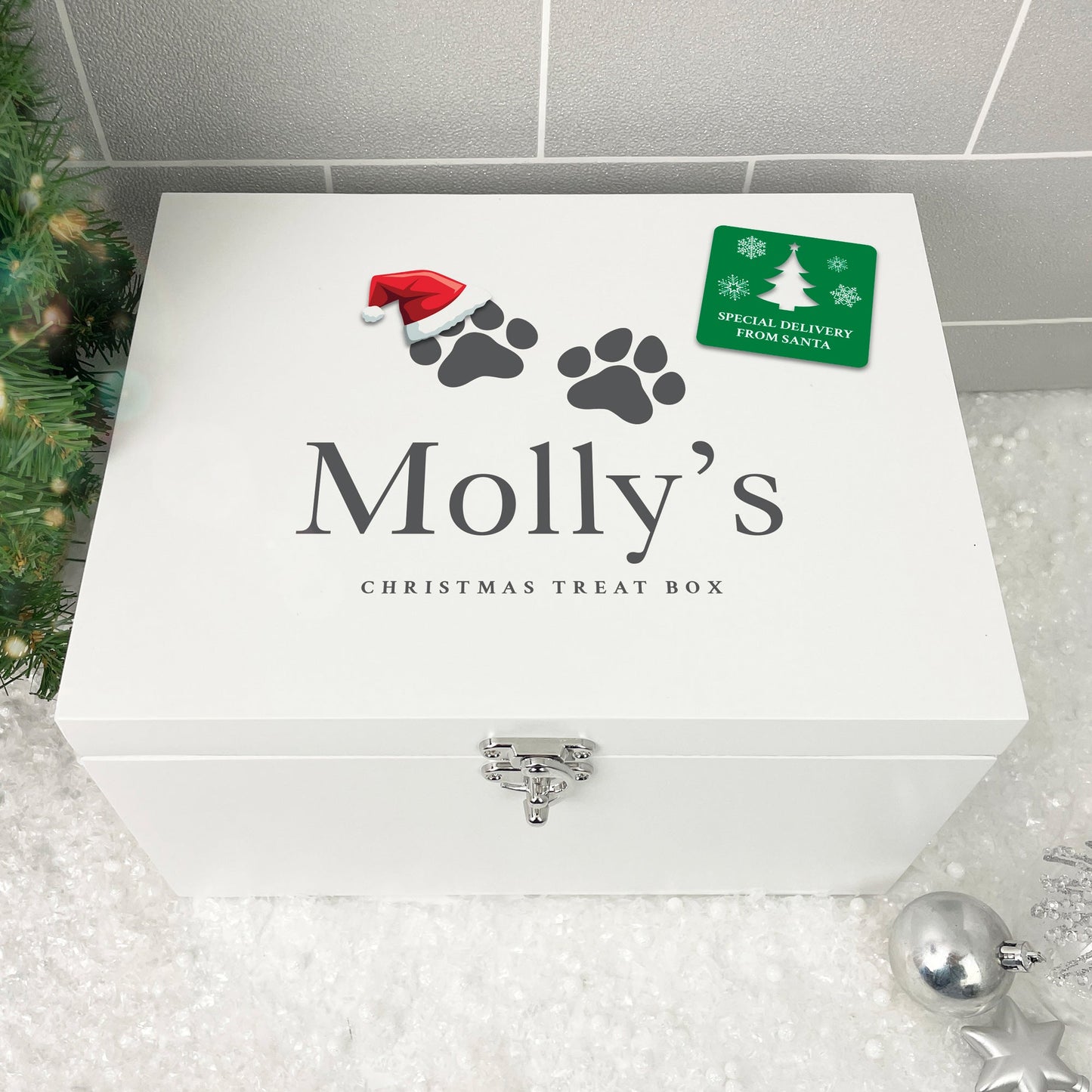 Personalised White Wooden Santa Hat Paws Pet Christmas Eve Box - 3 Sizes (22cm | 27cm | 30cm)