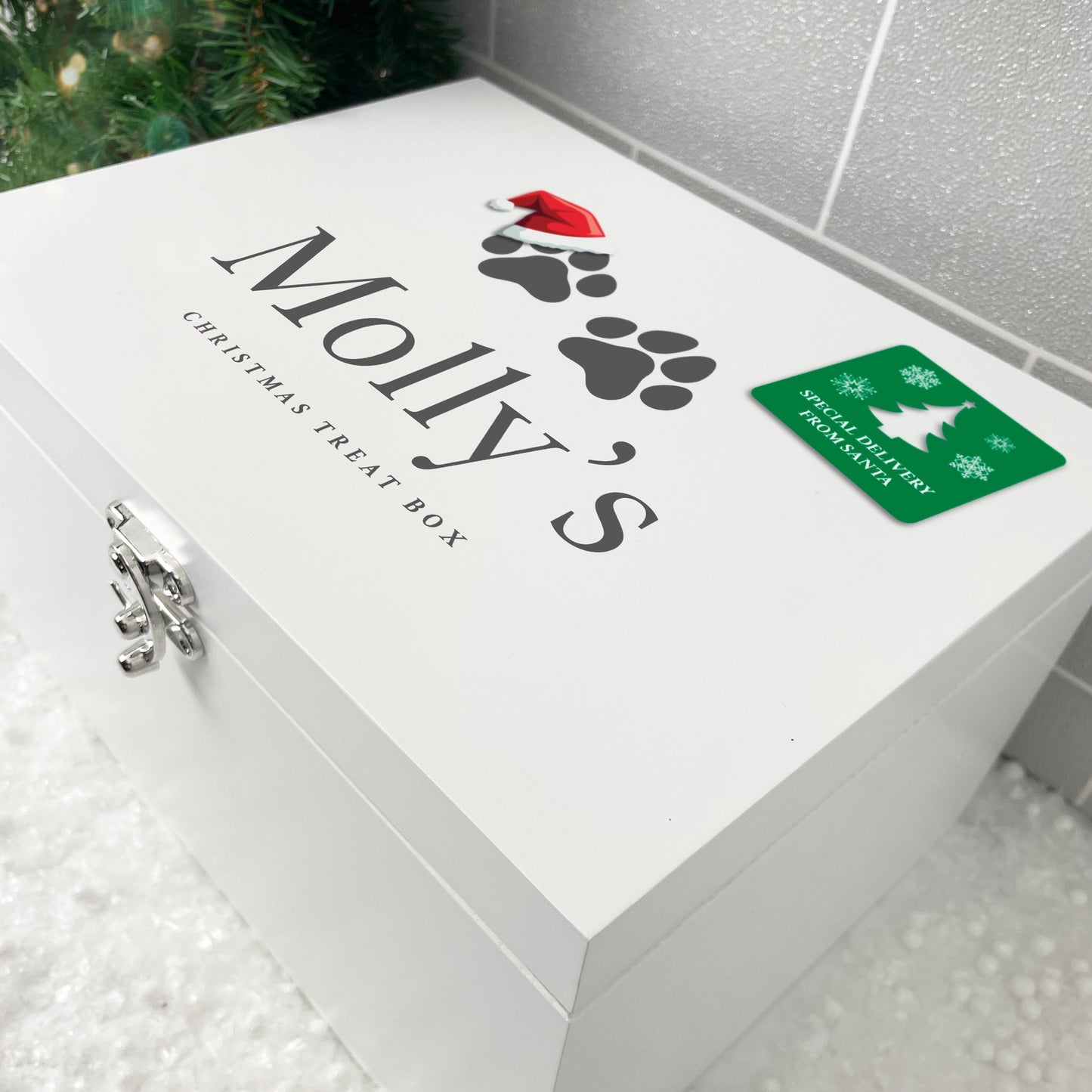 Personalised White Wooden Santa Hat Paws Pet Christmas Eve Box - 3 Sizes (22cm | 27cm | 30cm)