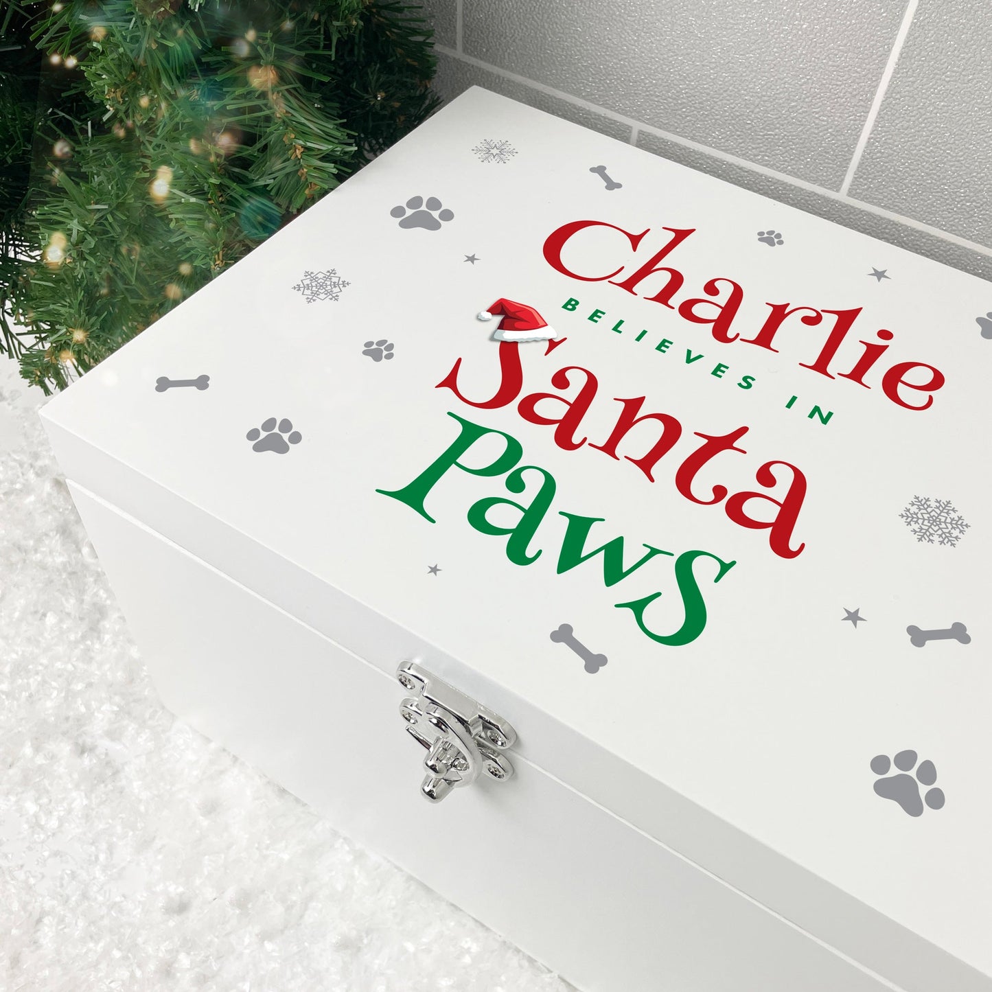 Personalised White Wooden Santa Paws Pet Christmas Eve Box - 3 Sizes (22cm | 27cm | 30cm)