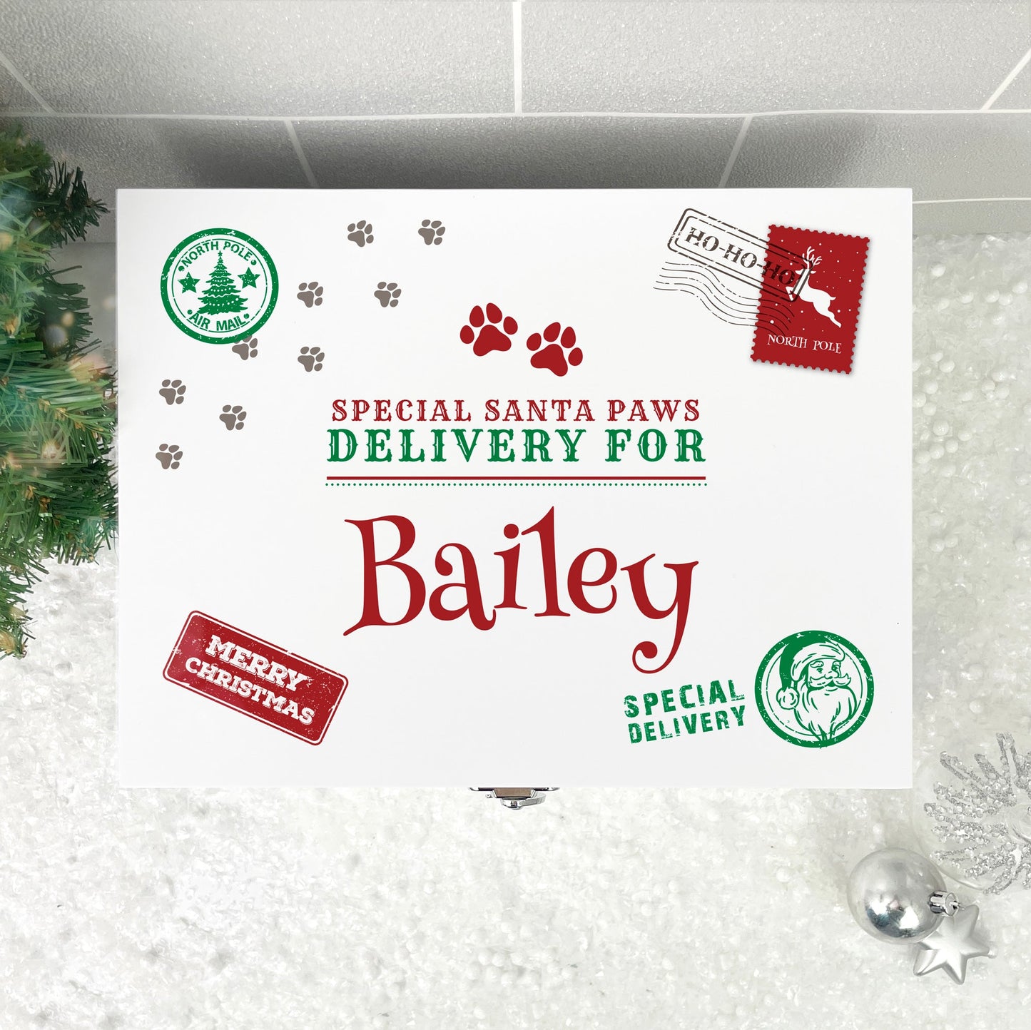 Personalised White Wooden North Pole Stamp Pet Christmas Eve Box - 3 Sizes (22cm | 27cm | 30cm)