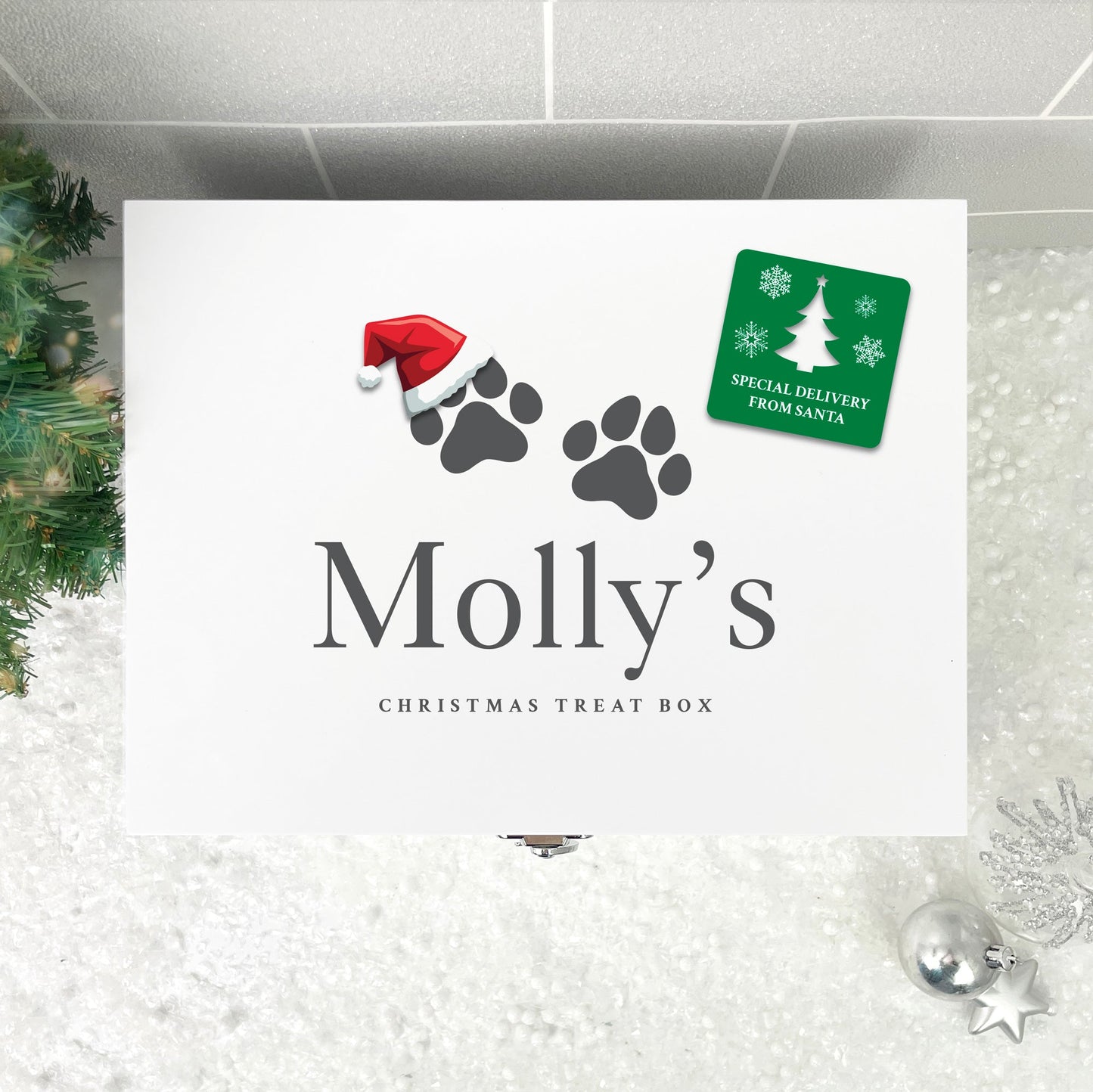 Personalised White Wooden Santa Hat Paws Pet Christmas Eve Box - 3 Sizes (22cm | 27cm | 30cm)