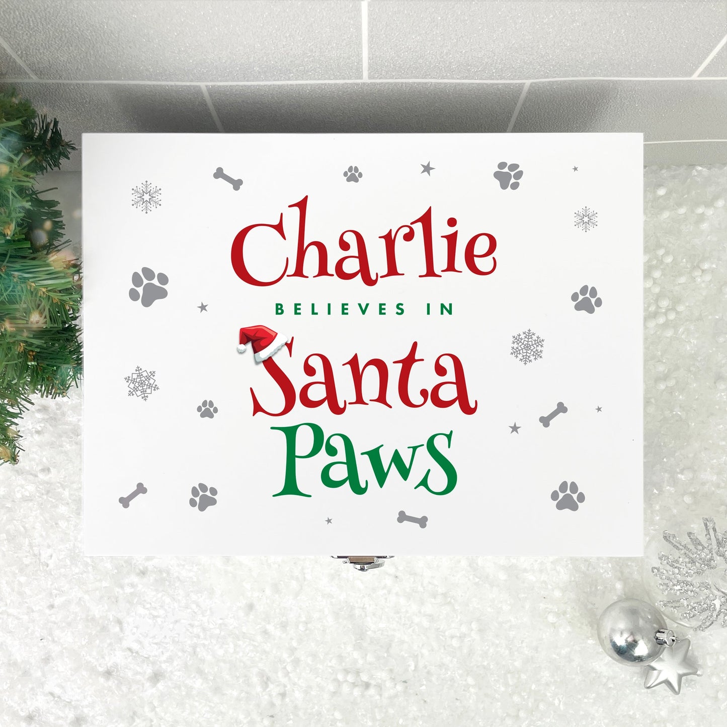 Personalised White Wooden Santa Paws Pet Christmas Eve Box - 3 Sizes (22cm | 27cm | 30cm)