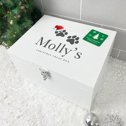 Personalised White Wooden Santa Hat Paws Pet Christmas Eve Box - 3 Sizes (22cm | 27cm | 30cm)