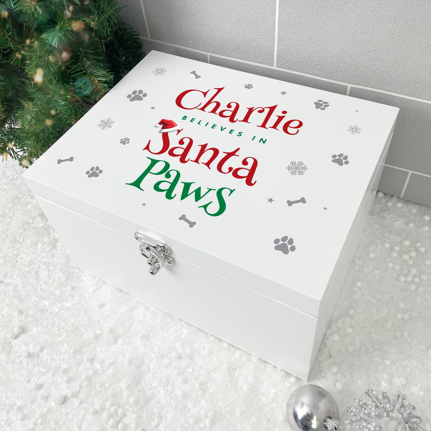 Personalised White Wooden Santa Paws Pet Christmas Eve Box - 3 Sizes (22cm | 27cm | 30cm)