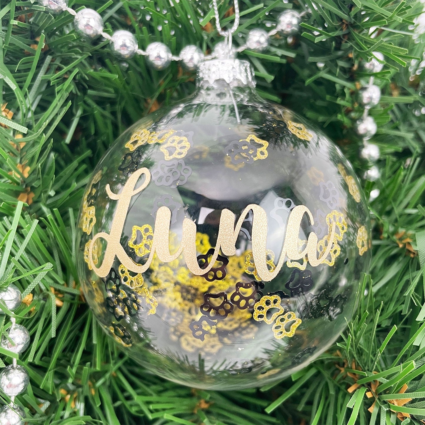 Personalised Black & Gold Paw Prints Pet Bauble