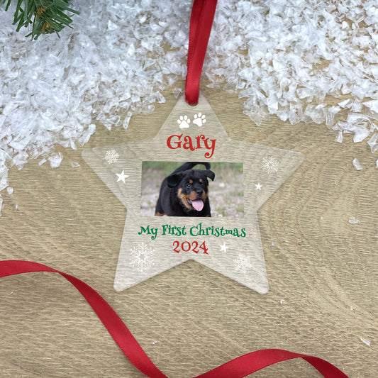 Personalised Pet My First Christmas Photo Acrylic Hanging Decoration - Various Shapes