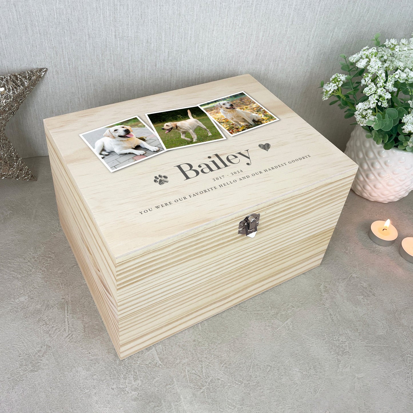 Personalised Three Photo Pet Memorial Keepsake Box - 5 Sizes (16cm | 20cm | 26cm | 30cm | 36cm)