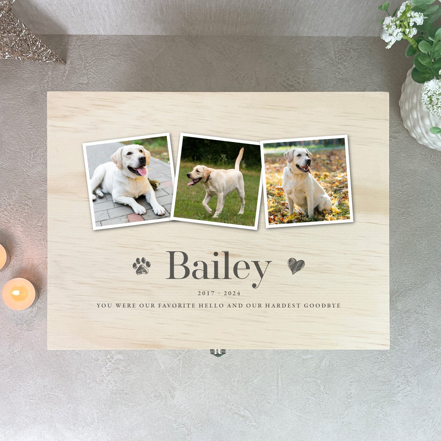 Personalised Three Photo Pet Memorial Keepsake Box - 5 Sizes (16cm | 20cm | 26cm | 30cm | 36cm)