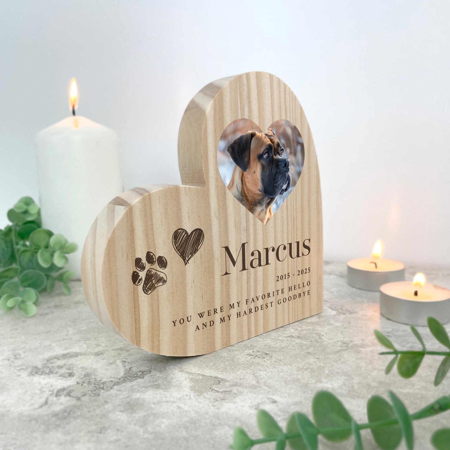 Personalised Sketch Pet Photo Wooden Freestanding Heart