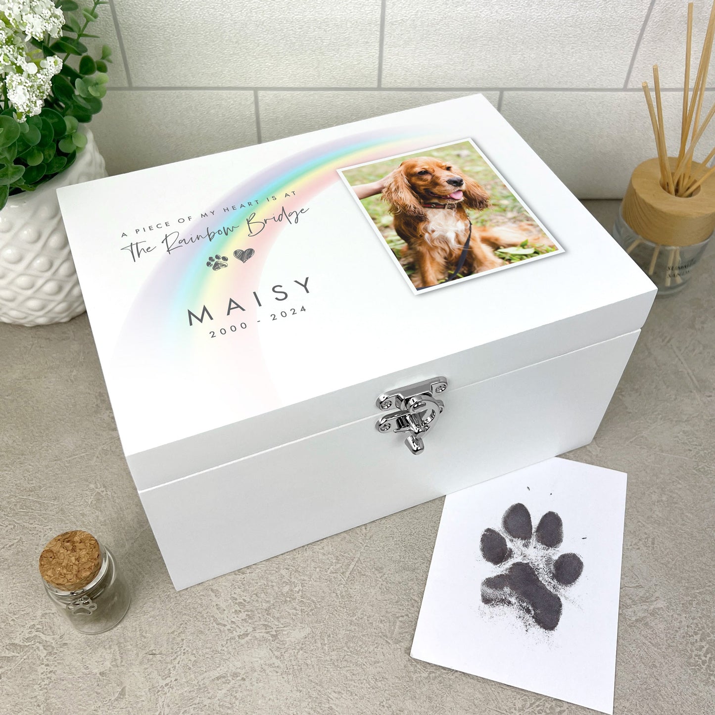 Personalised Rainbow Bridge Pet Photo White Painted Wooden Memorial Keepsake Box - 3 Sizes (22cm | 27cm | 30cm)