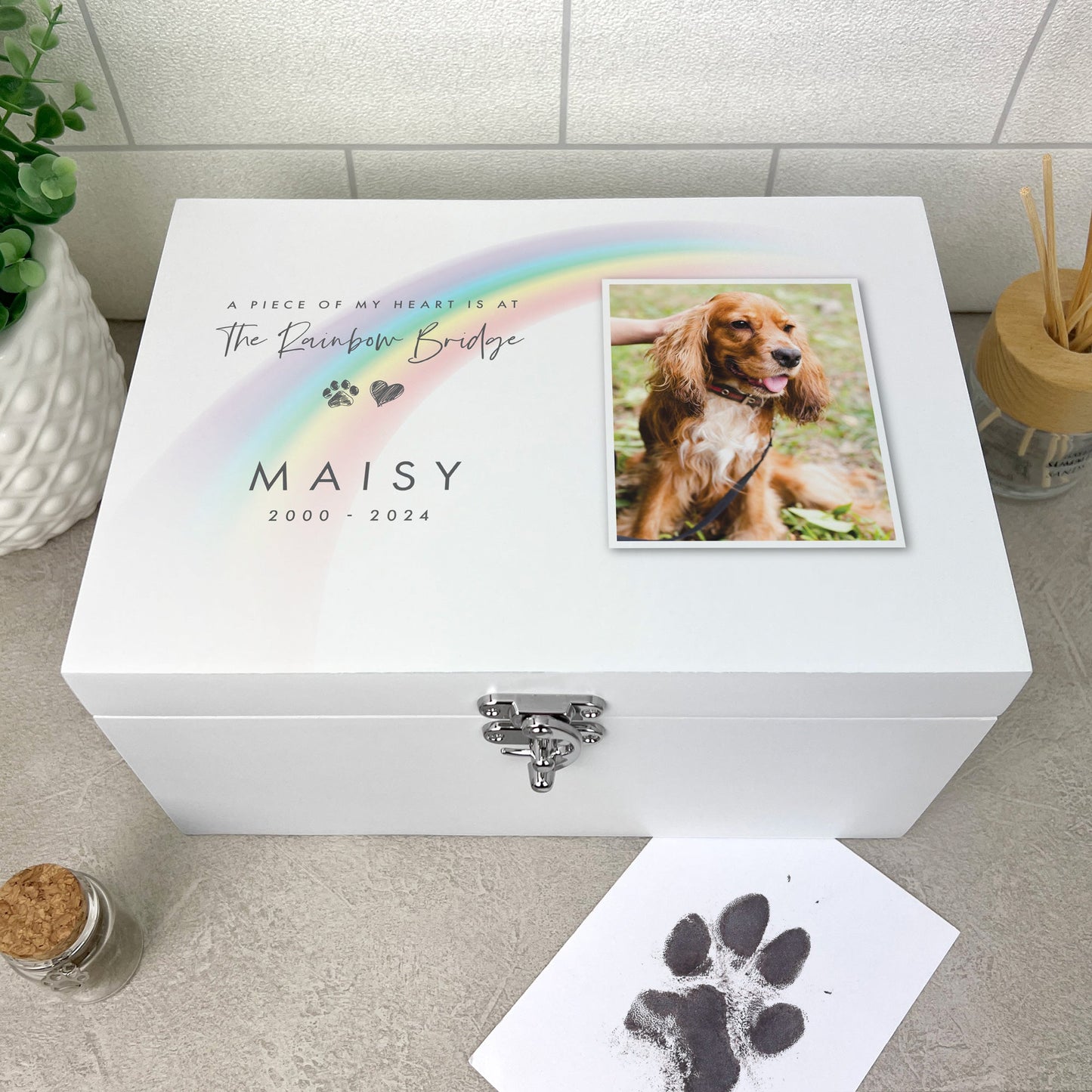 Personalised Rainbow Bridge Pet Photo White Wooden Memorial Keepsake Box - 3 Sizes (22cm | 27cm | 30cm)