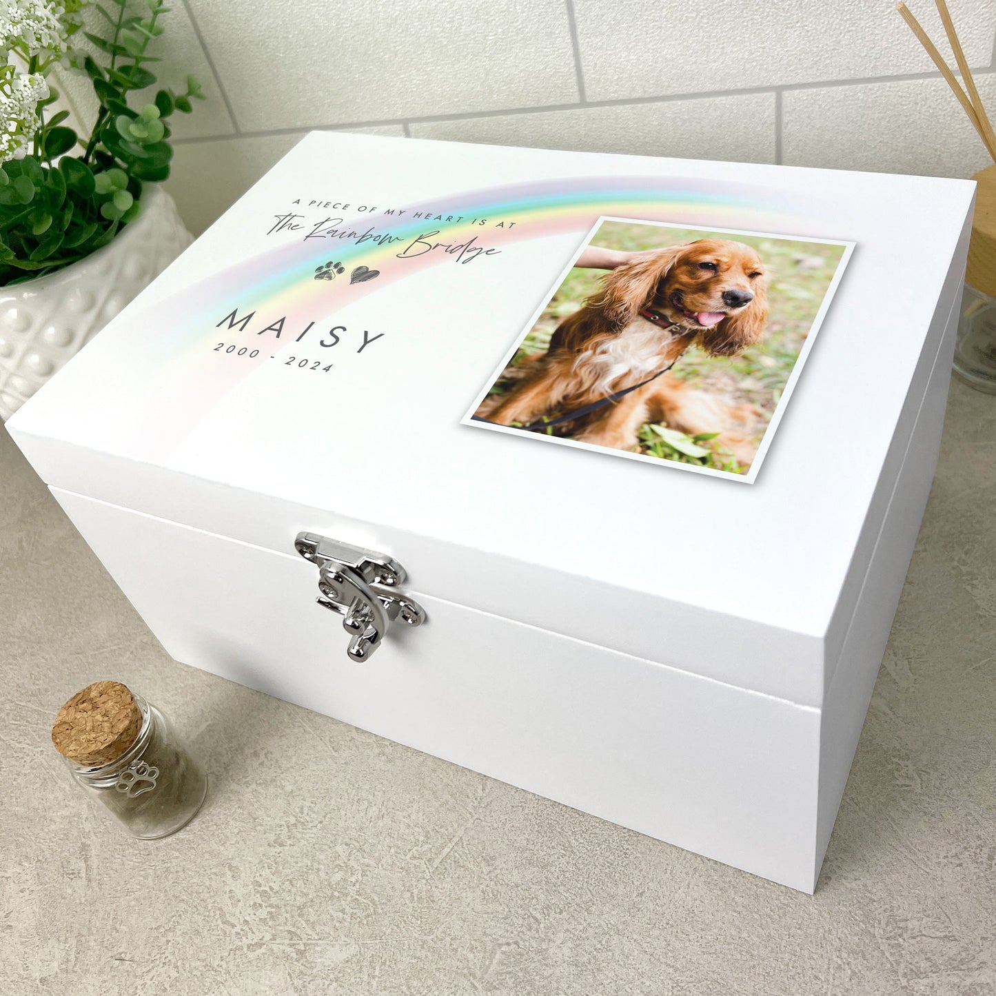 Personalised Rainbow Bridge Pet Photo White Wooden Memorial Keepsake Box - 3 Sizes (22cm | 27cm | 30cm)