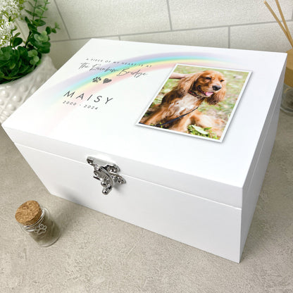 Personalised Rainbow Bridge Pet Photo White Painted Wooden Memorial Keepsake Box - 3 Sizes (22cm | 27cm | 30cm)