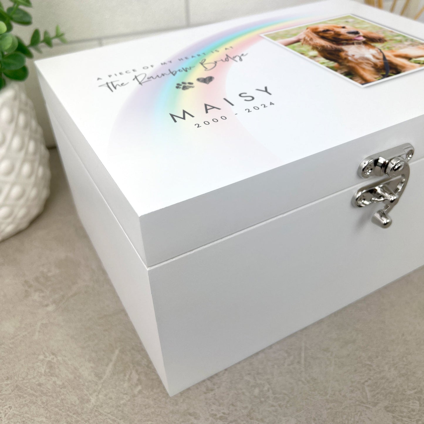 Personalised Rainbow Bridge Pet Photo White Wooden Memorial Keepsake Box - 3 Sizes (22cm | 27cm | 30cm)