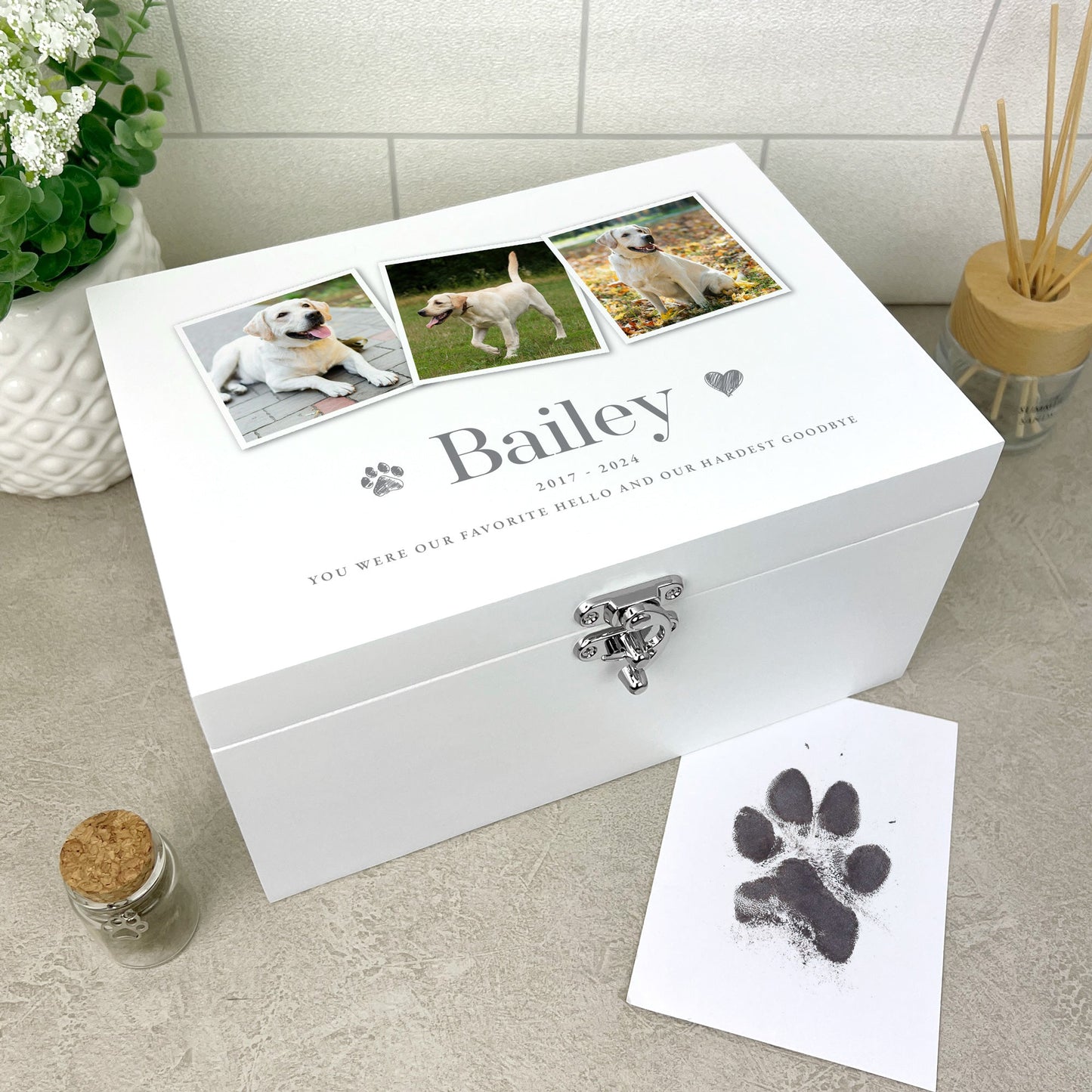 Personalised Three Photo White Wooden Pet Memorial Keepsake Box - 3 Sizes (22cm | 27cm | 30cm)