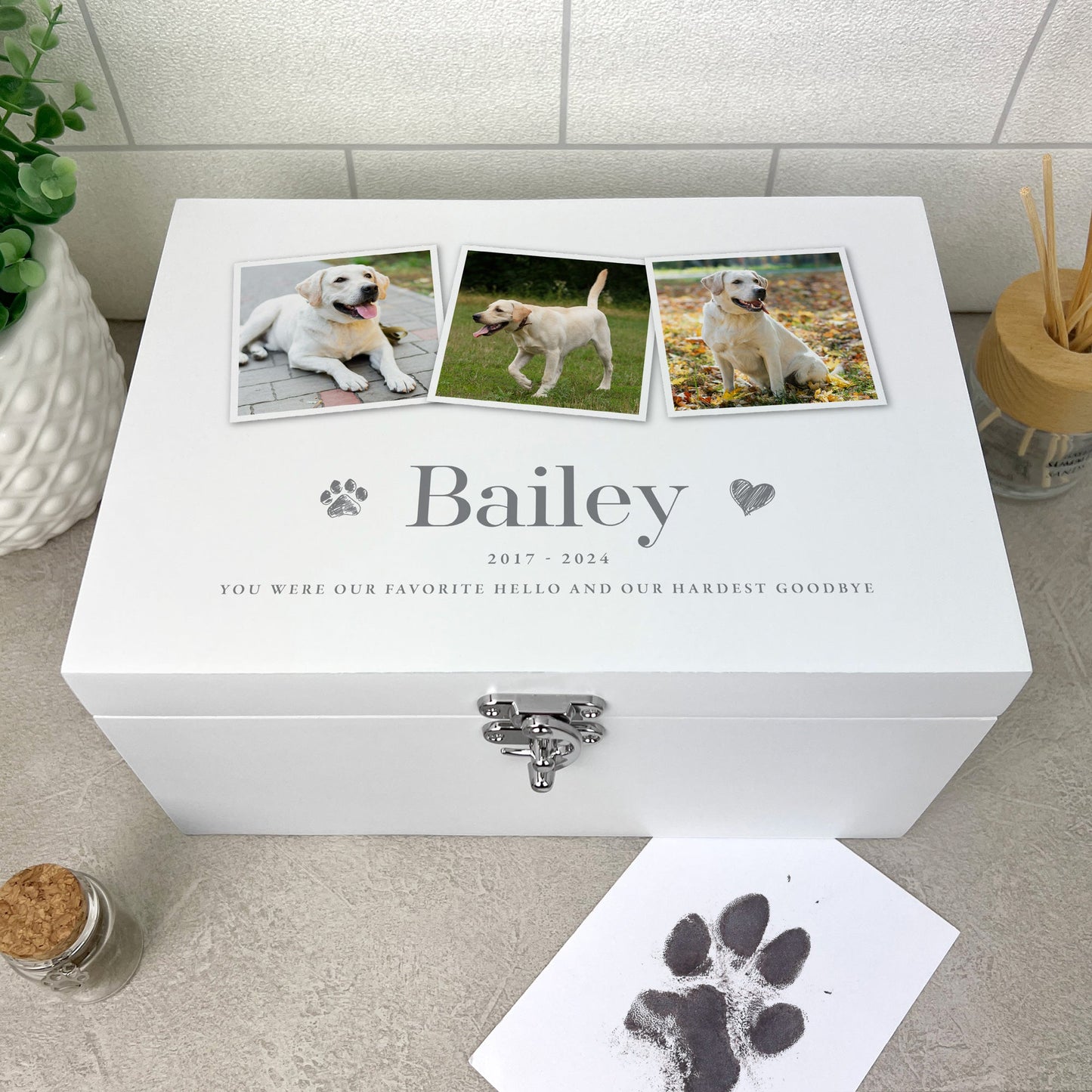 Personalised Three Photo White Wooden Pet Memorial Keepsake Box - 3 Sizes (22cm | 27cm | 30cm)