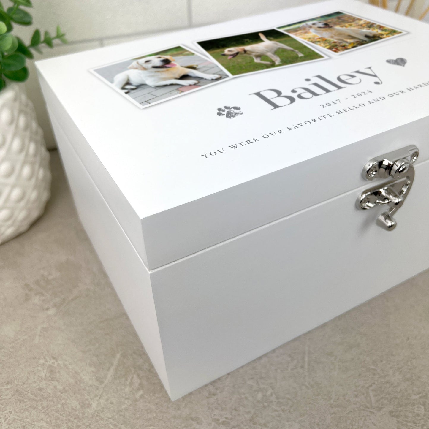 Personalised Three Photo White Wooden Pet Memorial Keepsake Box - 3 Sizes (22cm | 27cm | 30cm)