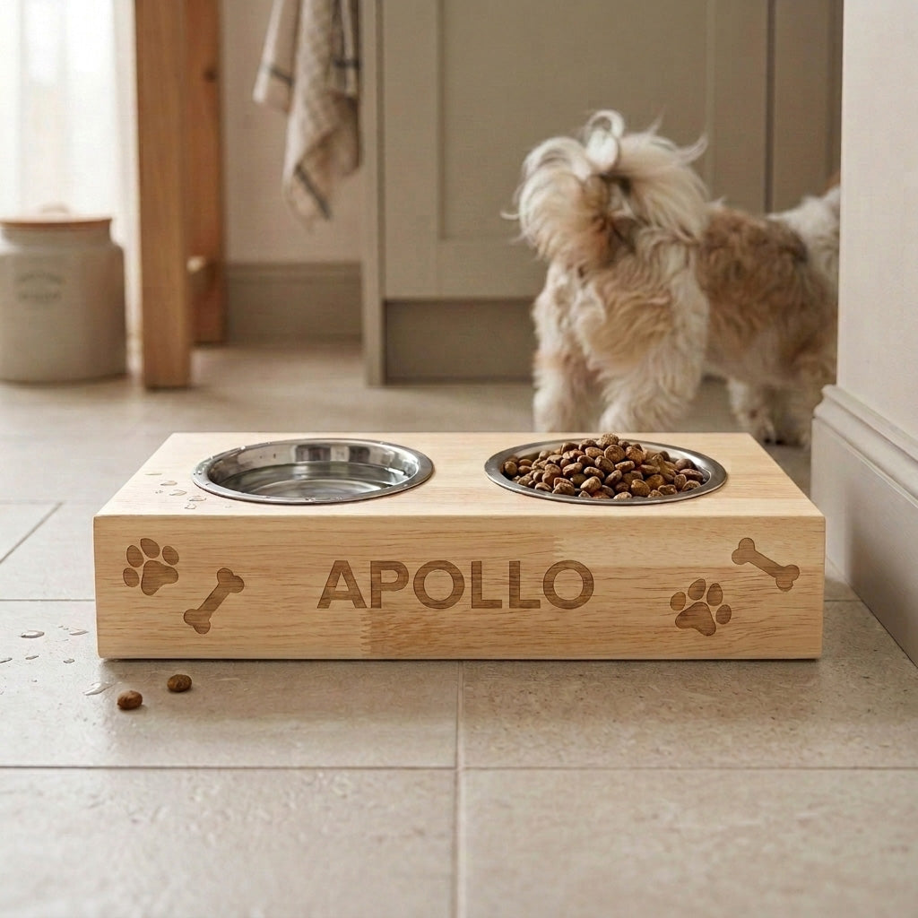 Personalised Wooden Raised Double Dog Bowl