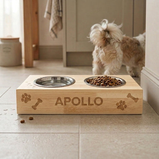 Personalised Wooden Raised Double Dog Bowl